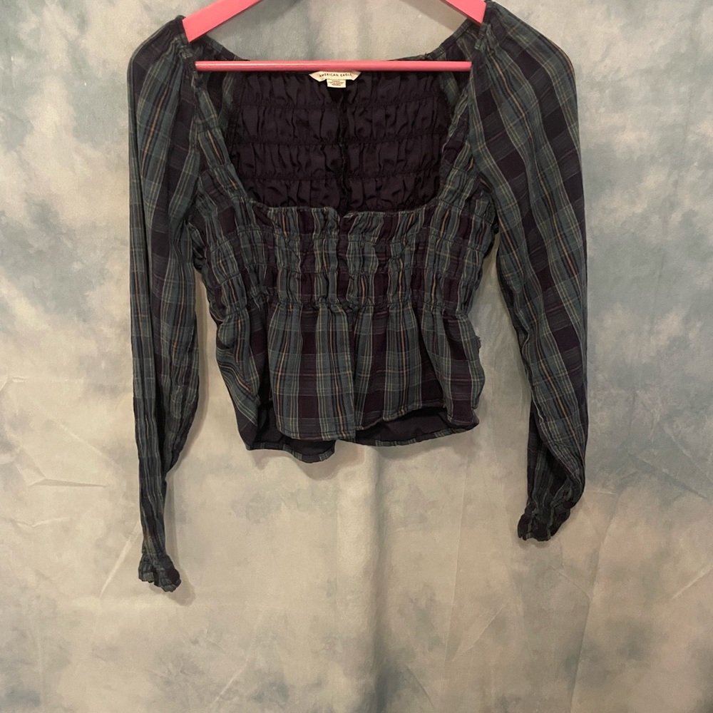 American eagle smocked plaid top